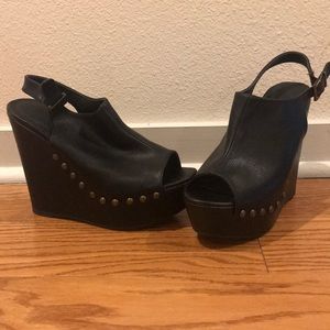 Black Leather Studded Wedges
